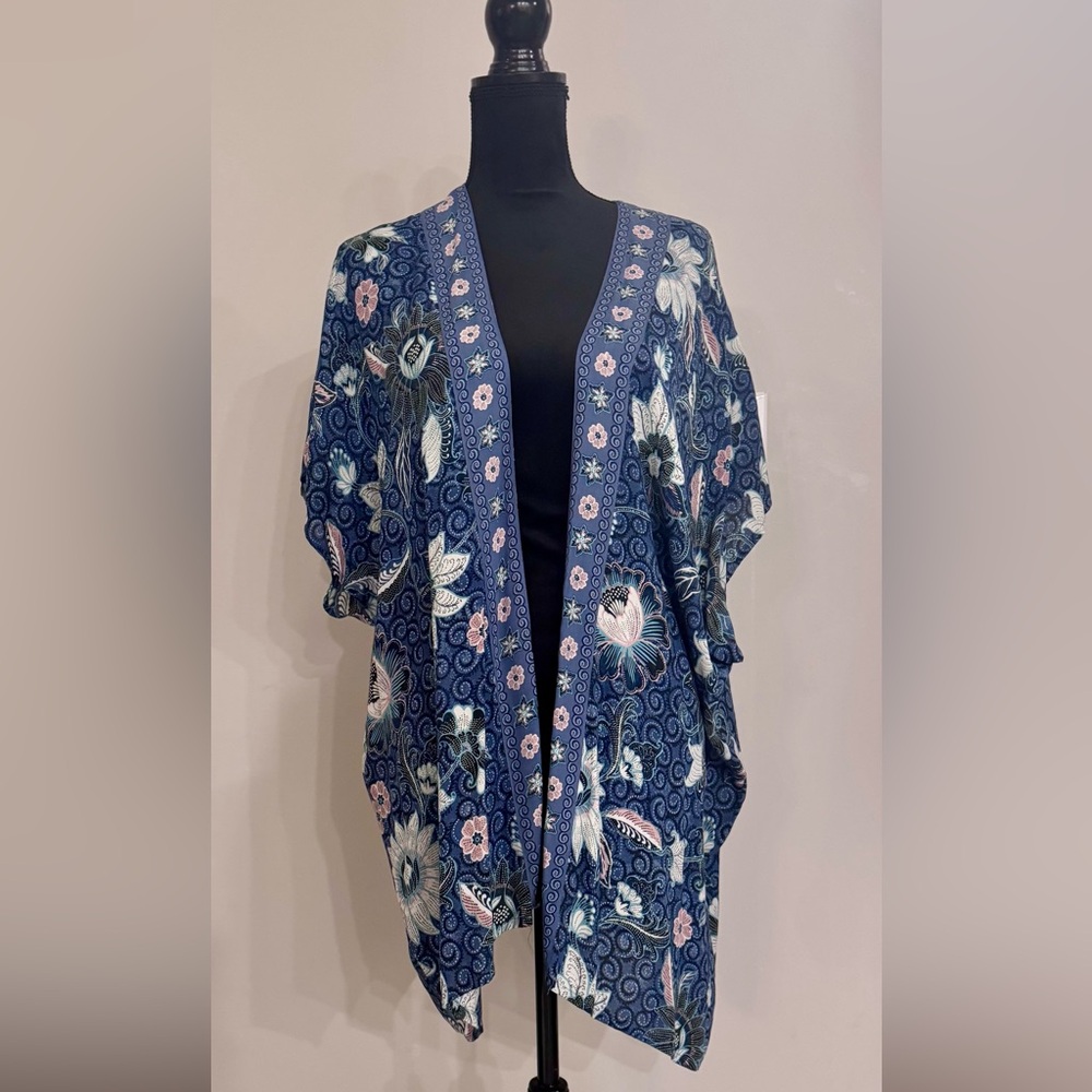 LOFT Floral Kimono Cardigan - Navy and Pink